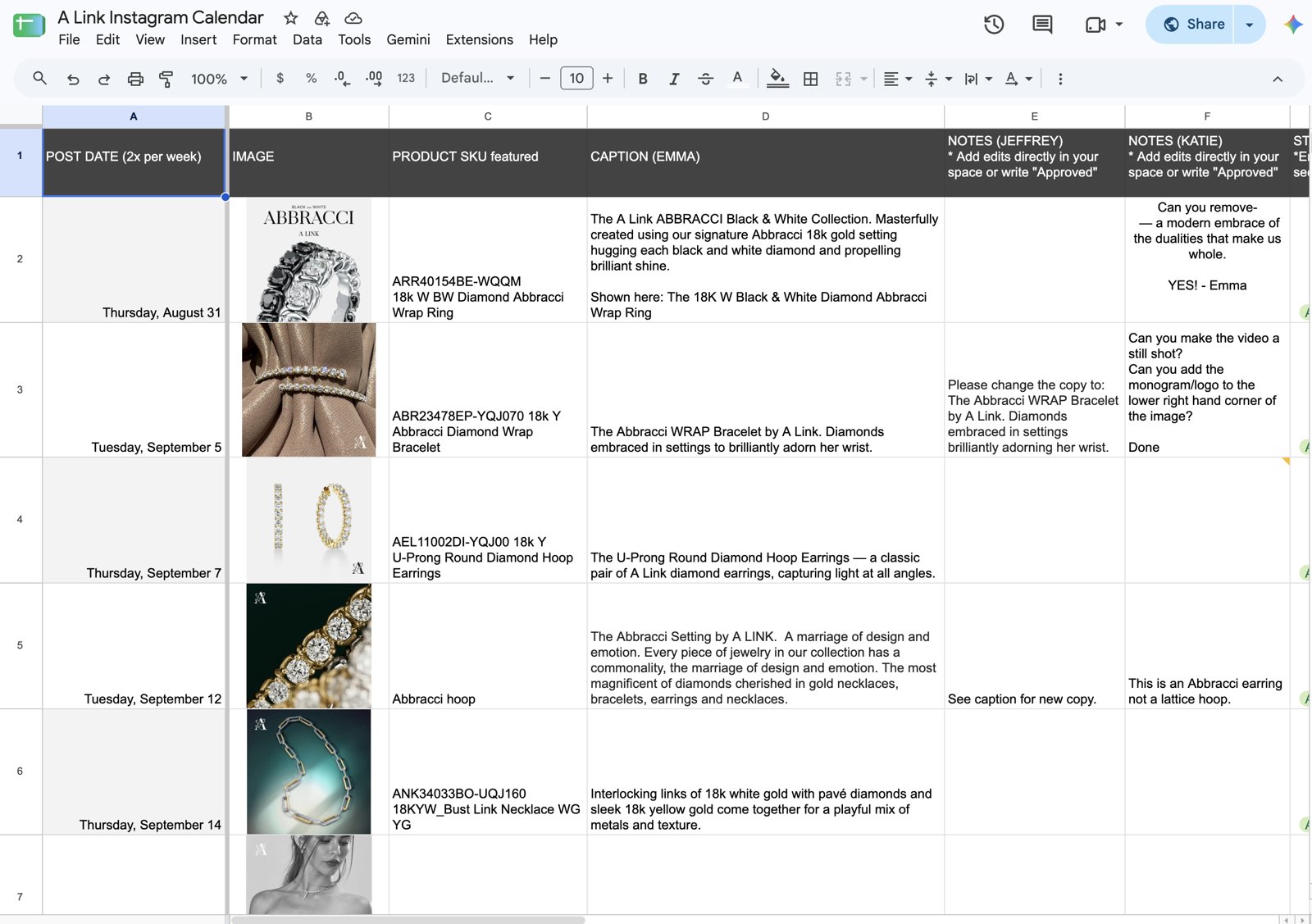 Instagram content calendar in Google Sheets