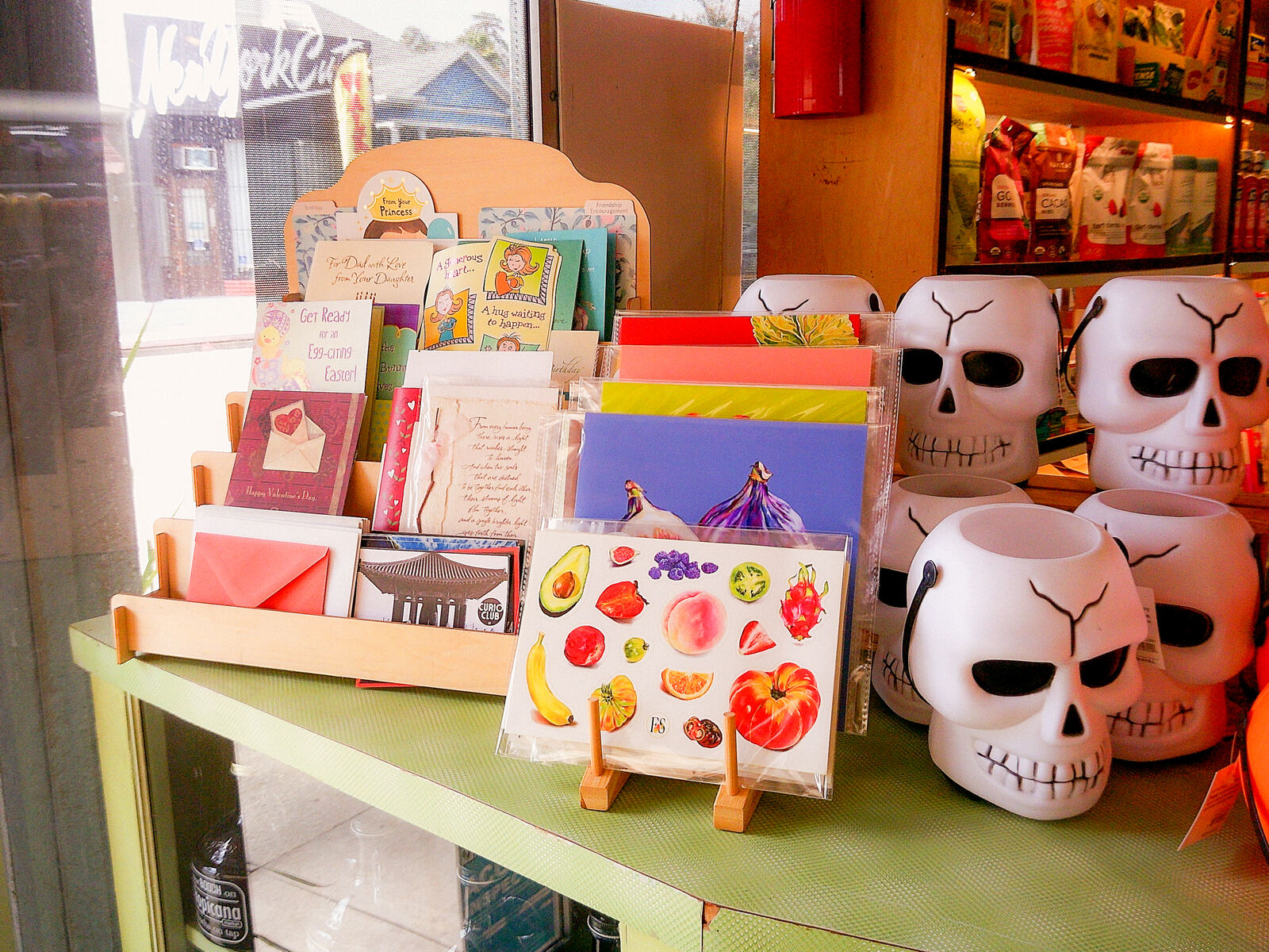 Fruit Stand cards and stickers on a shop display at La Tropicana