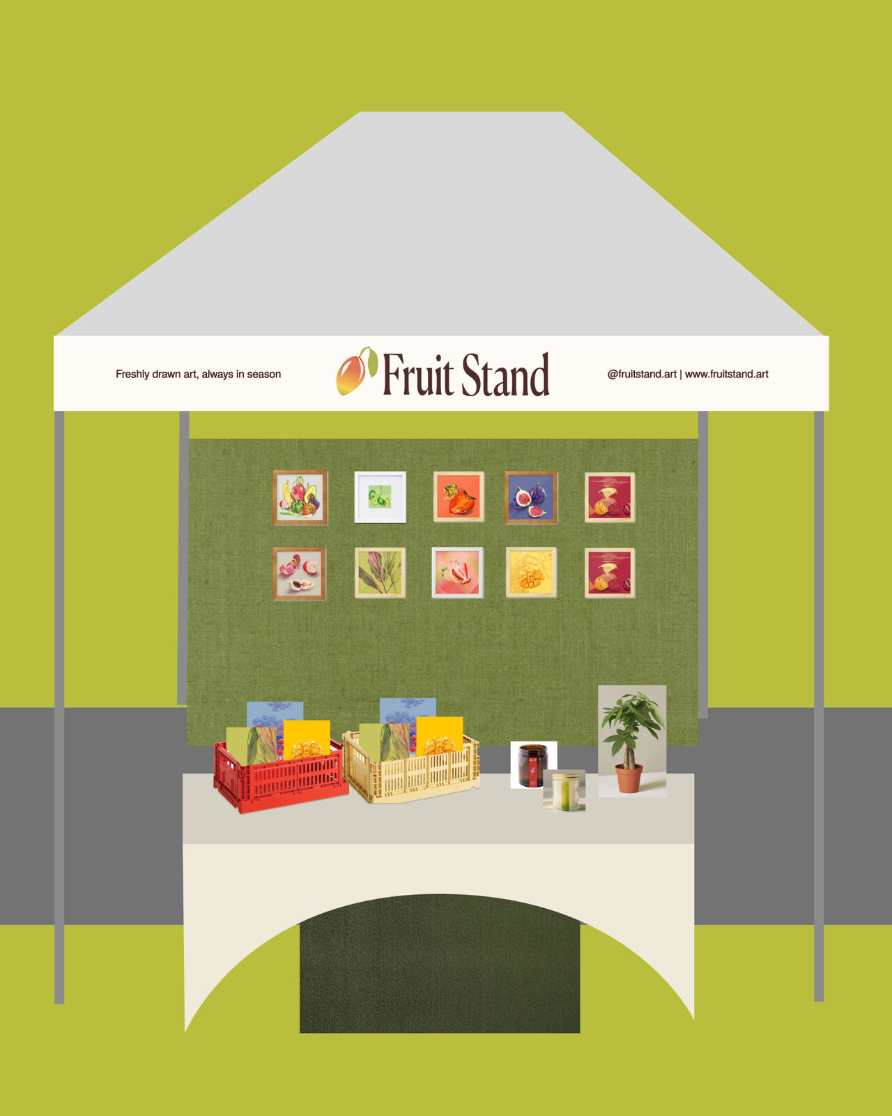 Revised Figma mockup of the Fruit Stand tent with crates on the table