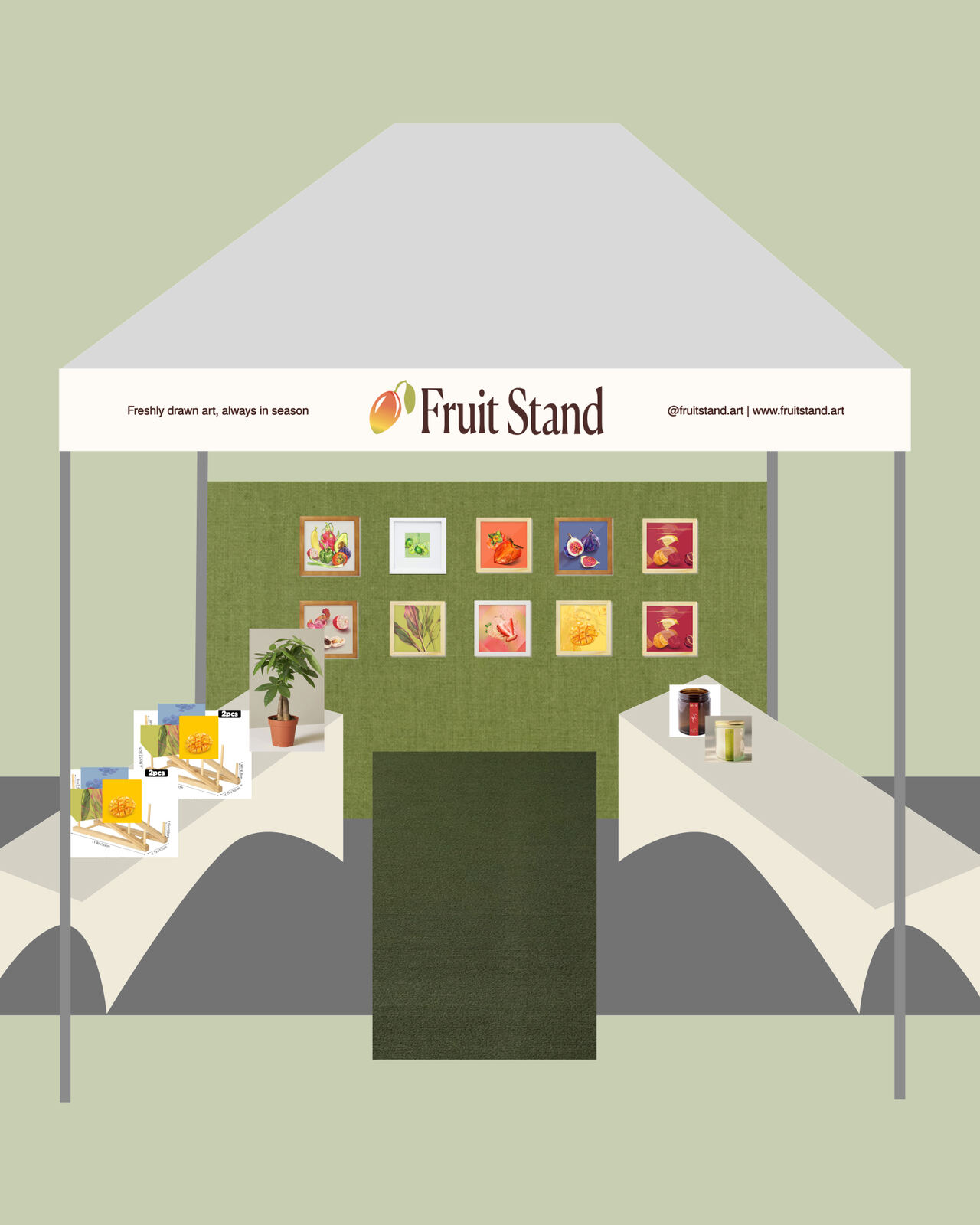 First Figma mockup of the Fruit Stand tent on a sage background